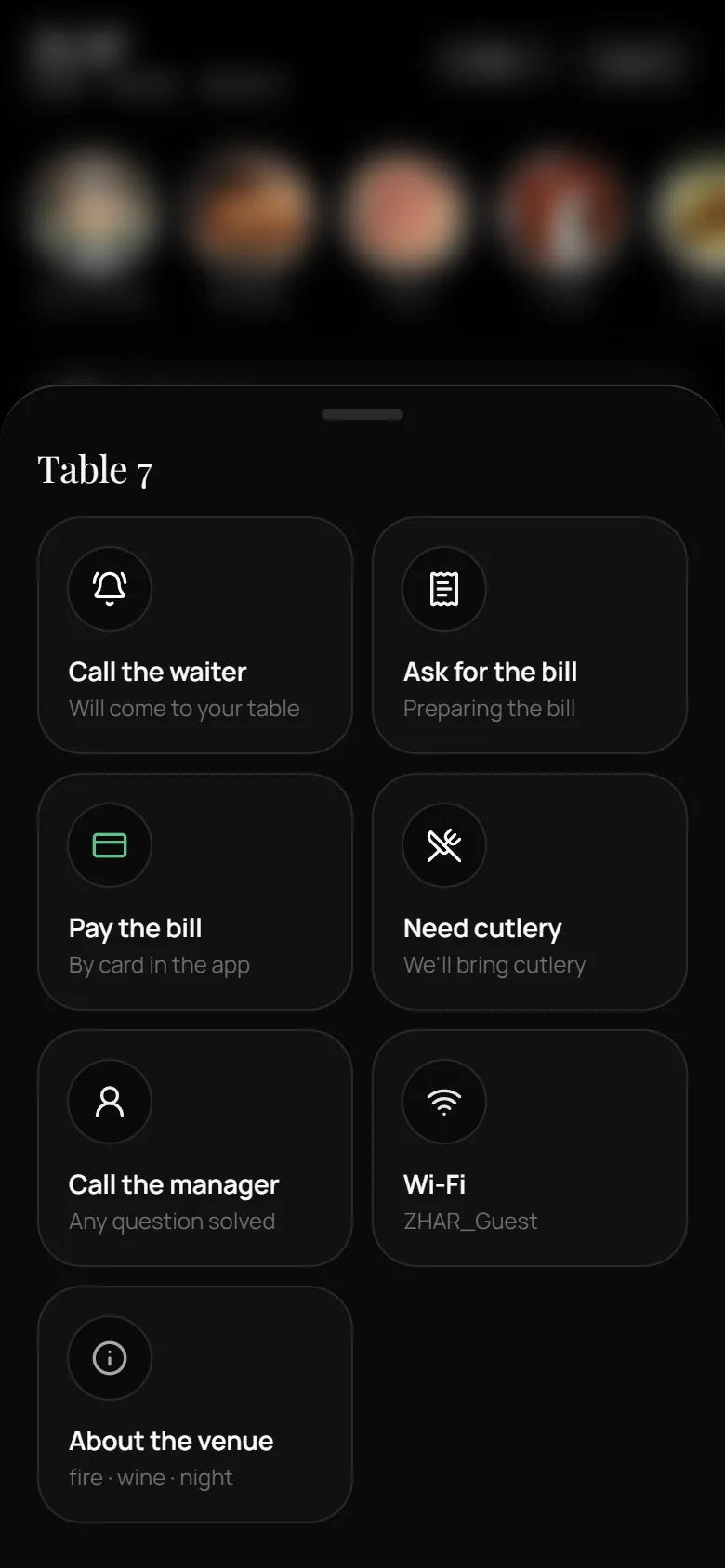 Table 7 quick actions: Call the waiter, Ask for the bill, Pay the bill, Need cutlery, Call the manager, Wi-Fi, About the venue