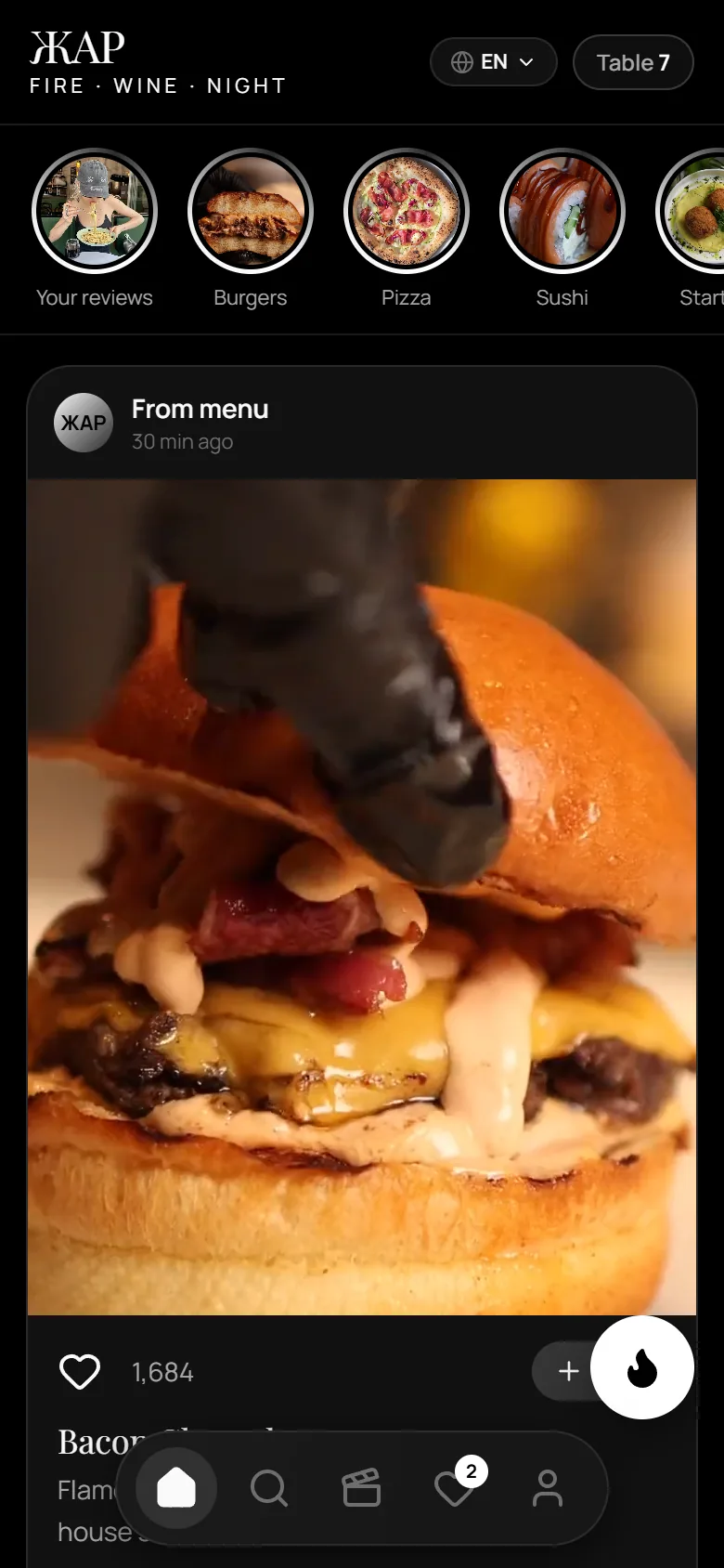 Home feed with round Stories-style categories — Burgers, Pizza, Sushi — and a dish video post