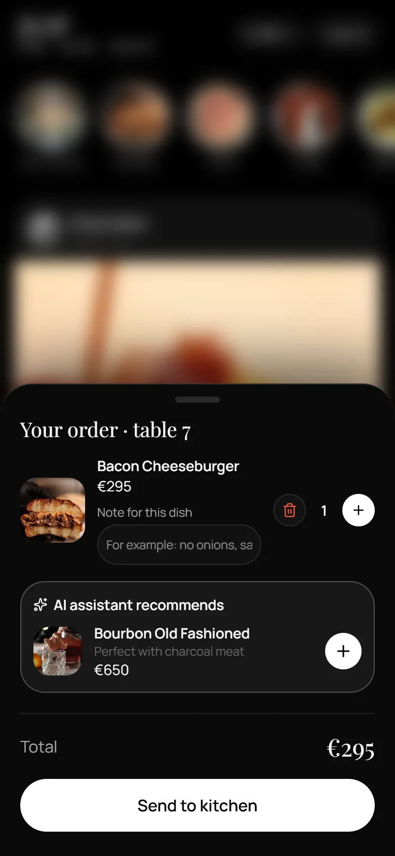 Order sheet for table 7 with the burger, quantity controls, an AI assistant drink suggestion and the total