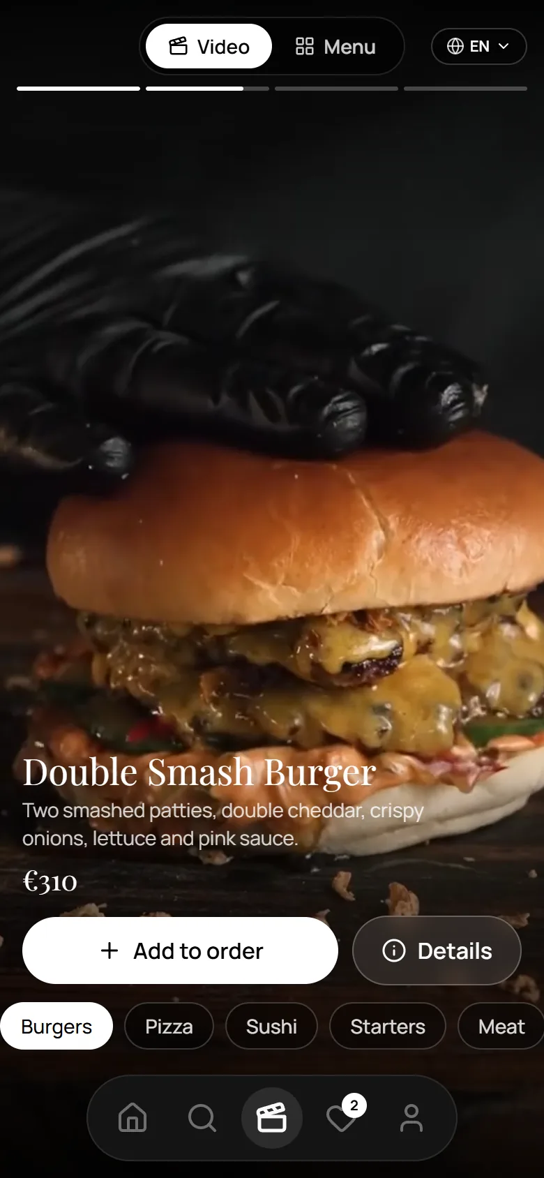 ANCORA video menu screen: Video and Menu switch, Double Smash Burger video, description, price €310, Add to order, Details, category chips and bottom navigation